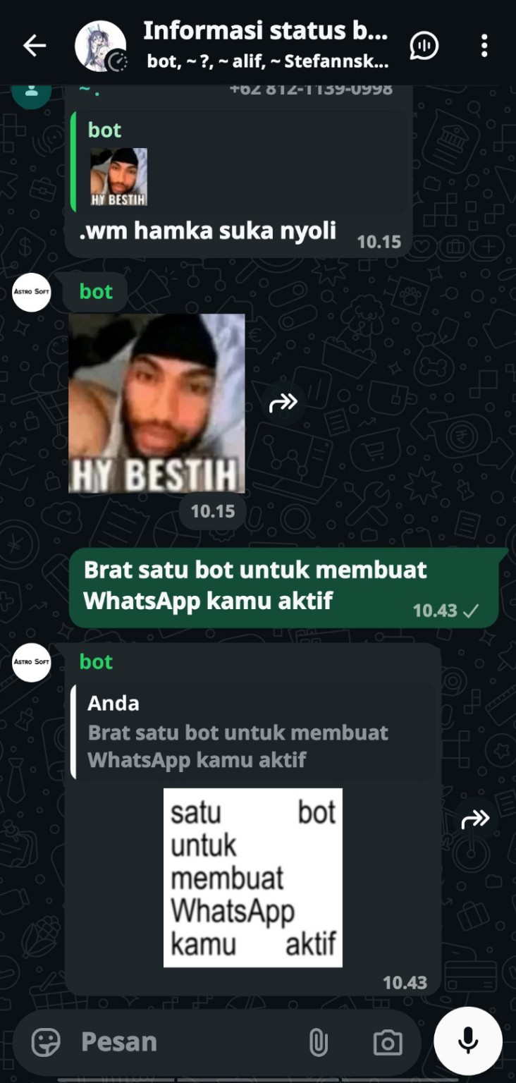 Contoh fitur balasan kreatif Astrobot di WhatsApp