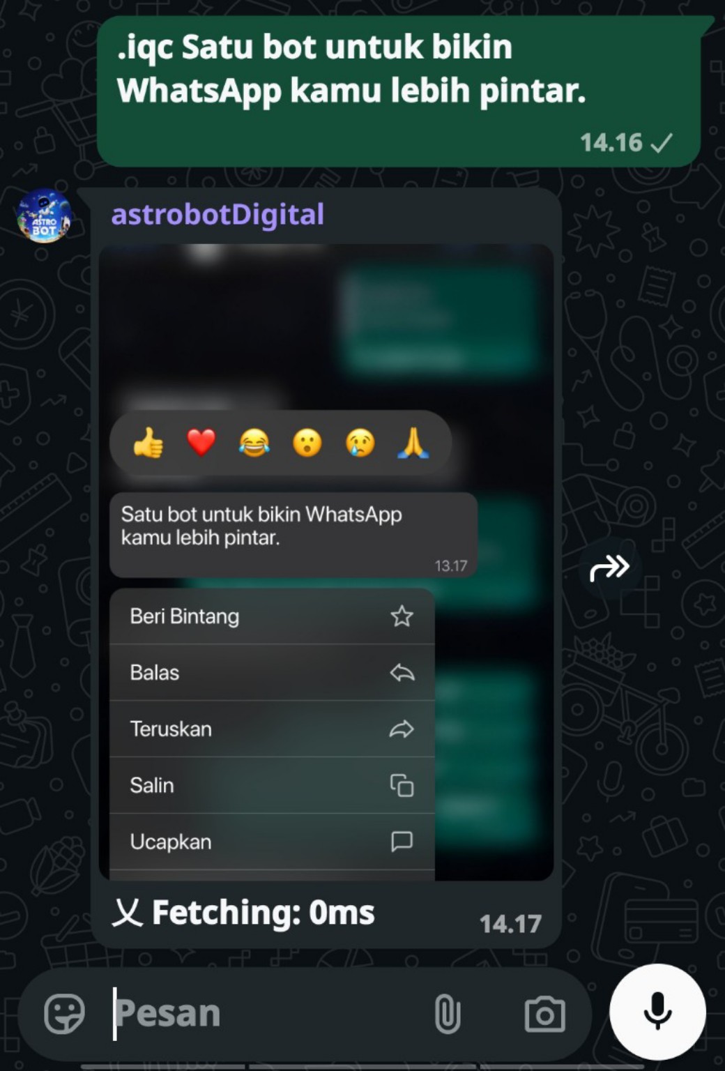 Contoh fitur interaktif IQC Astrobot di WhatsApp