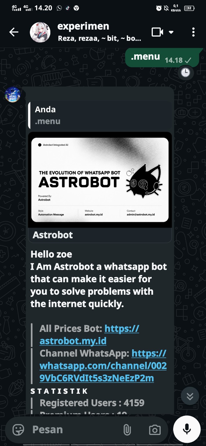 Tampilan menu utama Astrobot di WhatsApp