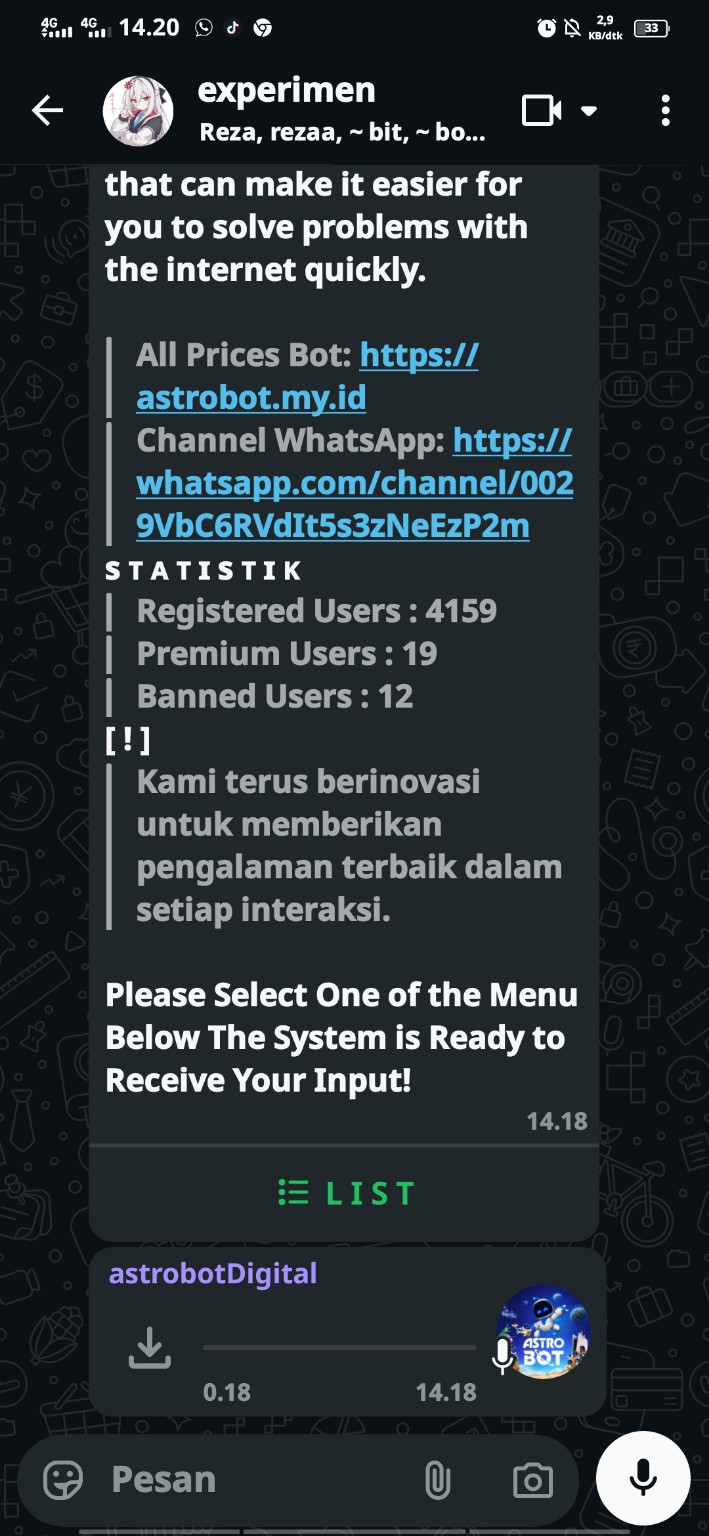 Tampilan statistik pengguna Astrobot di menu WhatsApp