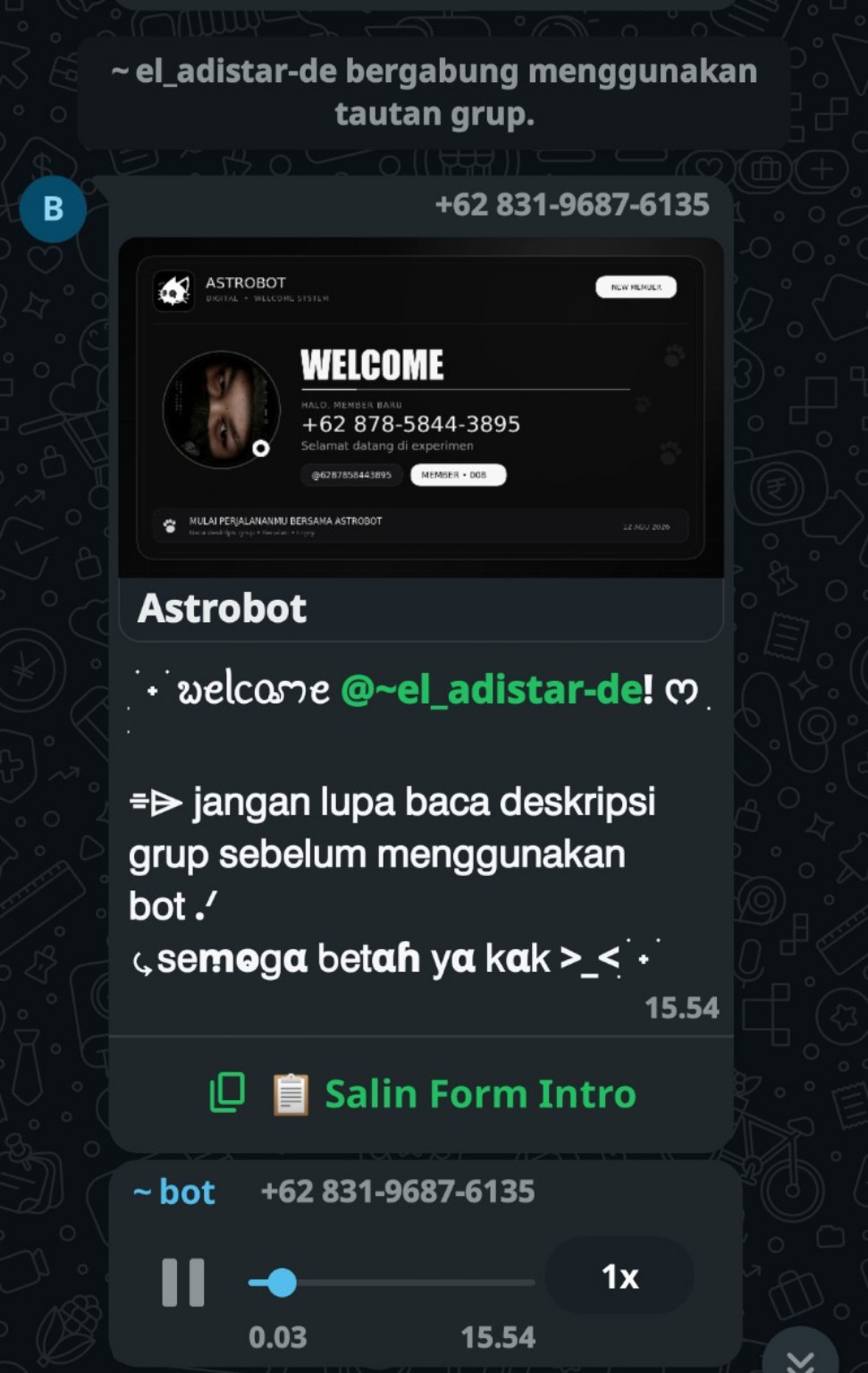 Contoh fitur welcome otomatis Astrobot di grup WhatsApp